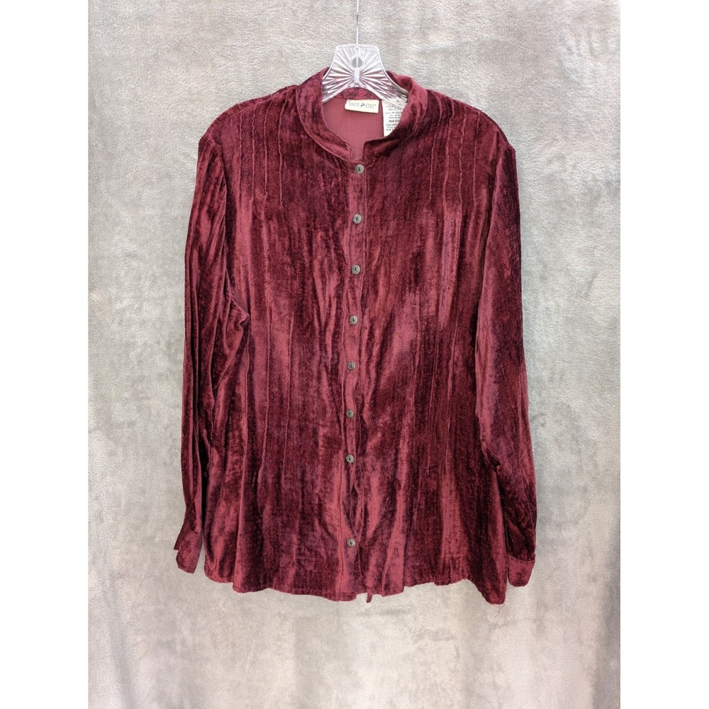 Whimsigoth Velvet Button Down Shirt Women Medium Burgundy‎ Crushed Rayon Vintage